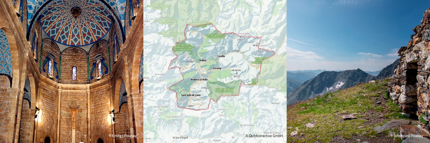 Andorra Blick auf eine Kupel in der Kirche mit Landkarte und Landschaftsbild Andorra